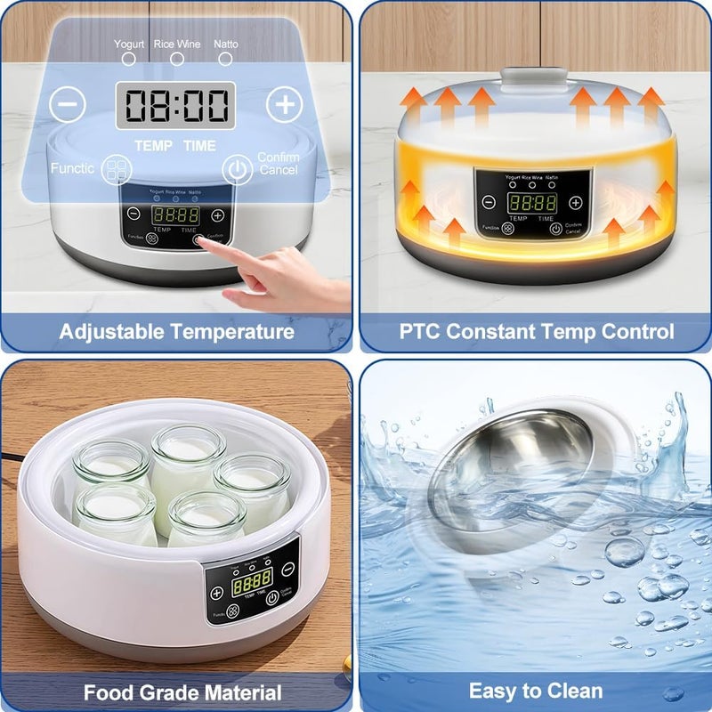 Abnaok Yogurt Maker with Adjust Temp & Time, Multi-Function Probiotic Yogurt Maker with BPA-free PP Lid, Celsius Increment, 304 Stainless Steel Inner Bowl, LED Display - Image 5